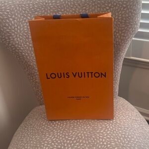 Louis Vuitton Authentic Orange Bag with Black Logo and Navy Handles Small Flaw